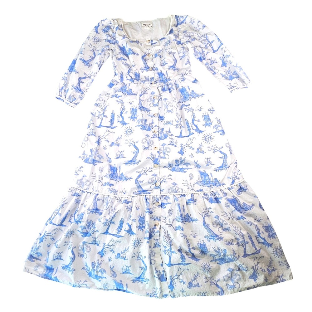 Meadows Organic Cotton Ixora Toile De Jouy Maxi Dress Blue White Cupid US 6 Smal